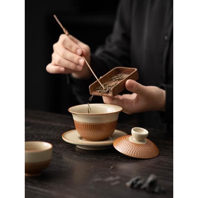 汝窯跳刀茶具套裝高檔辦公室蓋碗泡茶杯整套高端功夫茶具