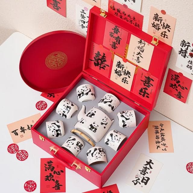 結婚禮物送新人新娘訂婚創意實用陶瓷熊貓提梁壺杯子託盤套裝伴手
