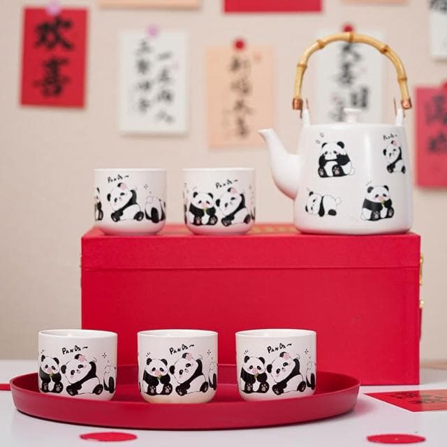 結婚禮物送新人新娘訂婚創意實用陶瓷熊貓提梁壺杯子託盤套裝伴手