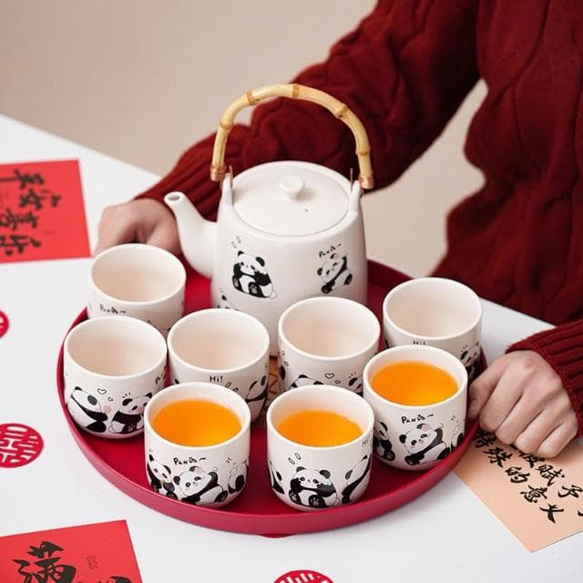 結婚禮物送新人新娘訂婚創意實用陶瓷熊貓提梁壺杯子託盤套裝伴手