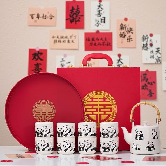 結婚禮物送新人新娘訂婚創意實用陶瓷熊貓提梁壺杯子託盤套裝伴手