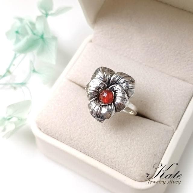 【KATE】銀飾 古典扶桑花天然紅碧璽純銀戒指 天然碧璽 電氣石 招財旺夫 碧璽戒指 朱槿花 活圍 生日禮物 情人禮物