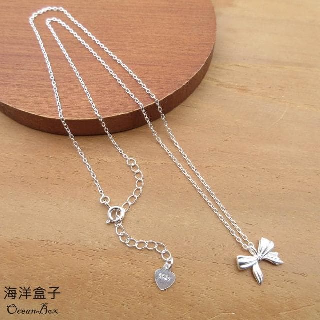 【海洋盒子】甜美可愛立體緞帶蝴蝶結造型925純銀項鍊.女用短鍊