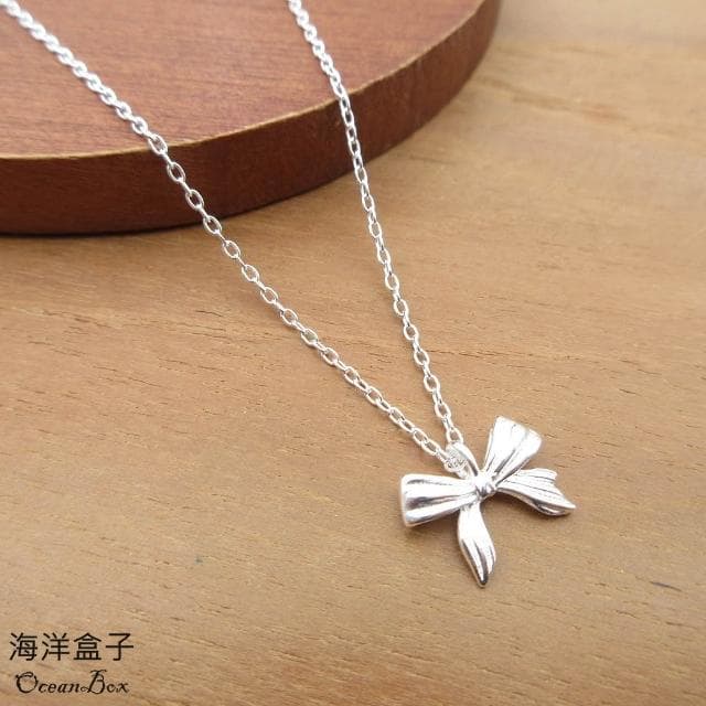 【海洋盒子】甜美可愛立體緞帶蝴蝶結造型925純銀項鍊.女用短鍊