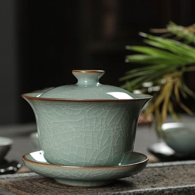 青瓷三才蓋碗茶杯大號家用復古泡茶功夫茶具龍泉哥窯冰裂陶瓷單個