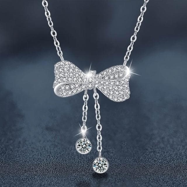 【LEESA】925\純銀\流蘇項鍊\蝴蝶結\吊墜\鋯石\飾品\項鍊女\高級感\鎖骨鏈\個性項鍊\ins風\韓國飾品\交換禮物