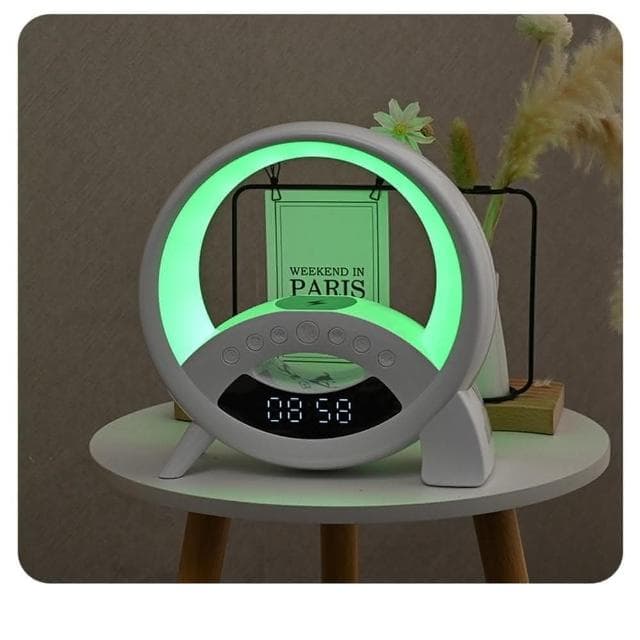 【MOOG 沐格】藍牙音箱顯示屏時鐘15w 簡約鬧鐘小夜燈 無線充白色炫彩音響氛圍燈