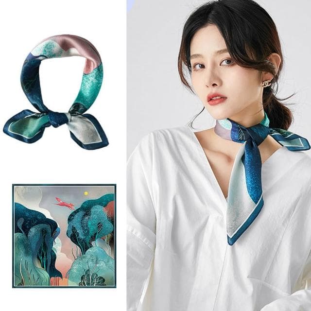 【JC Collection】氣質典雅純蠶絲四季百搭亮麗印花職業休閒絲巾