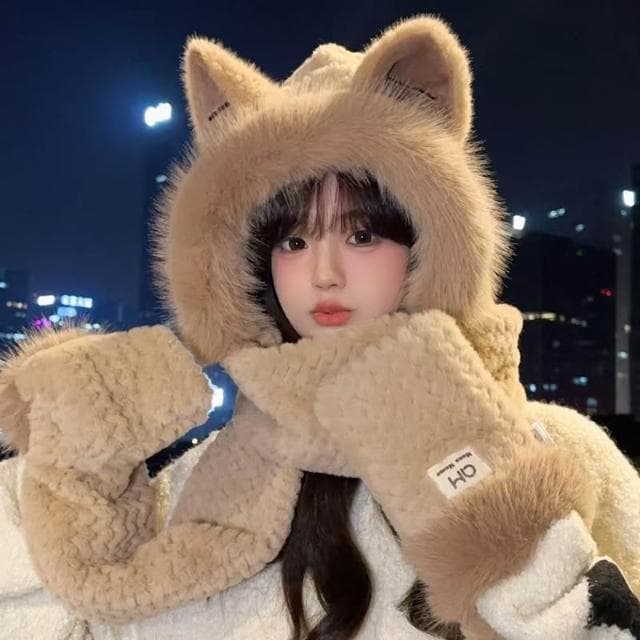 {台北出貨} 小兔子圍巾 小狐狸圍巾 女圍巾 帽圍脖 保暖 毛毛圍巾 絨毛圍巾 日系圍巾 手套 帽子 三合一 交換禮物