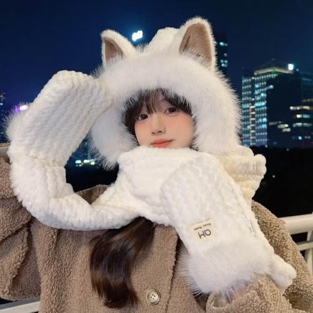 {台北出貨} 小兔子圍巾 小狐狸圍巾 女圍巾 帽圍脖 保暖 毛毛圍巾 絨毛圍巾 日系圍巾 手套 帽子 三合一 交換禮物