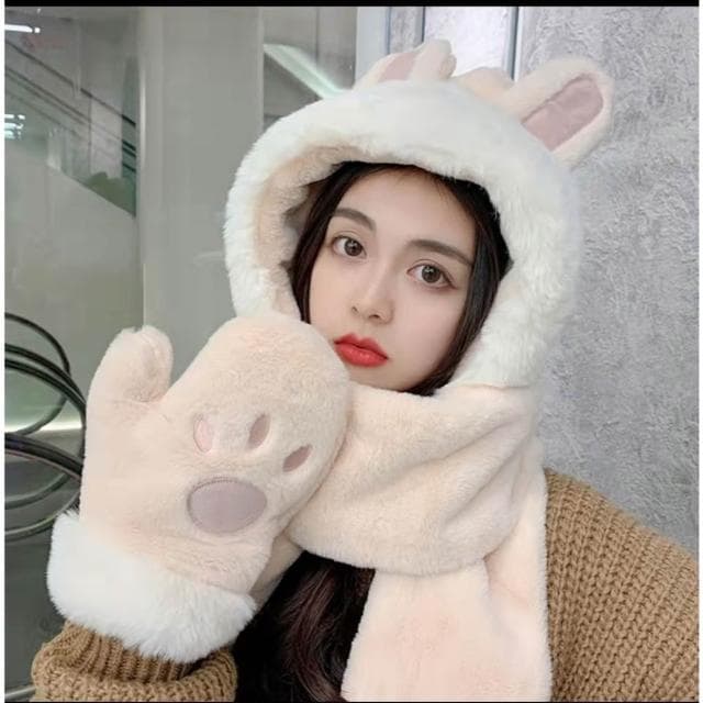 {台北出貨} 小兔子圍巾 小狐狸圍巾 女圍巾 帽圍脖 保暖 毛毛圍巾 絨毛圍巾 日系圍巾 手套 帽子 三合一 交換禮物