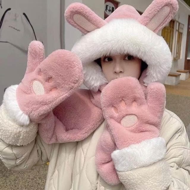 {台北出貨} 小兔子圍巾 小狐狸圍巾 女圍巾 帽圍脖 保暖 毛毛圍巾 絨毛圍巾 日系圍巾 手套 帽子 三合一 交換禮物
