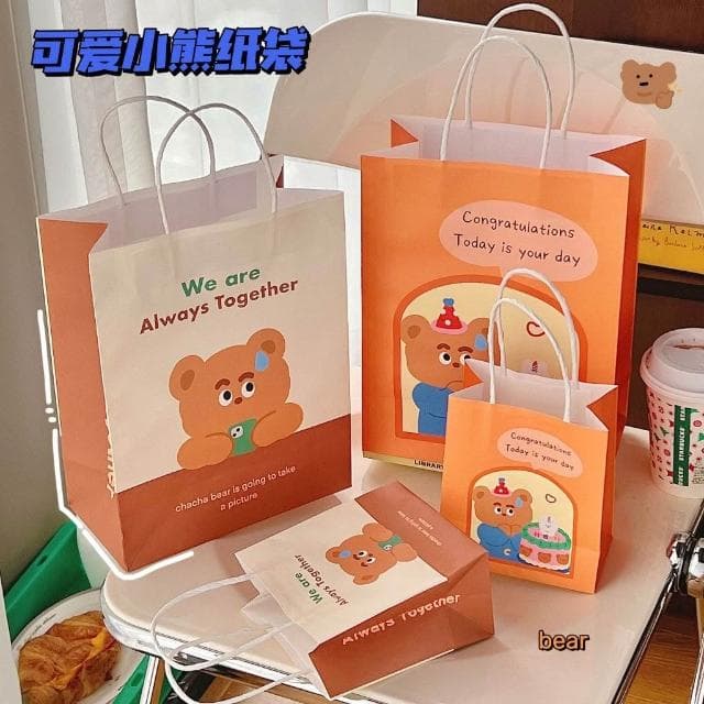 可愛卡通手提紙袋 卡通 可愛熊 可爱  文具用品 手提 禮品袋 生日禮物 纸袋子 方形 卡通 耐用 牛皮纸袋
