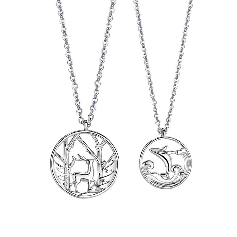【米蘭精品】現貨+預購 925純銀項鍊情侶對鍊鯨與鹿森系浮雕圓形生日聖誕節交換禮物74cj50