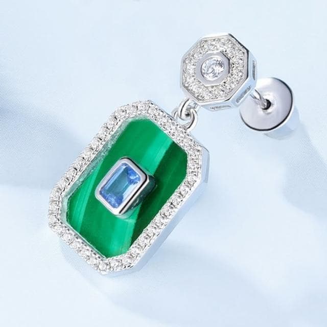【米蘭精品】現貨+預購 孔雀石耳環925純銀耳針白金方形復古孔雀石女飾品聖誕節交換禮物74gf1