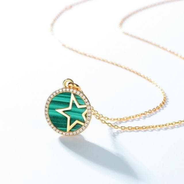 【米蘭精品】現貨+預購 孔雀石項鍊925純銀吊墜金色甜美星星造型孔雀石女飾品聖誕節交換禮物74gf50