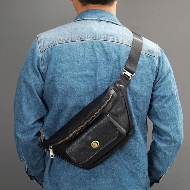 【米蘭精品】現貨+預購 胸包真皮腰包真皮金扣多功能斜跨父親節禮物男包包74es20