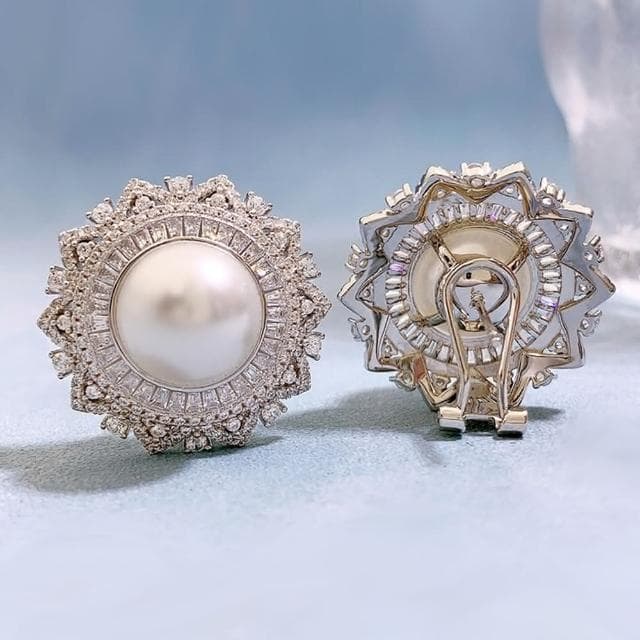 【米蘭精品】現貨+預購 珍珠耳環925純銀耳針花形12mm貝珠鑲鑽女飾品聖誕節交換禮物74gh6