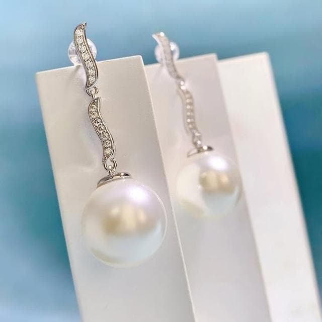 【米蘭精品】現貨+預購 珍珠耳環925純銀耳針14mm貝珠鑲鑽長款女飾品聖誕節交換禮物74gh26