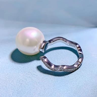 【米蘭精品】現貨+預購 珍珠戒指925純銀開口戒14mm貝珠鑲鑽幾何女飾品聖誕節交換禮物74gh17