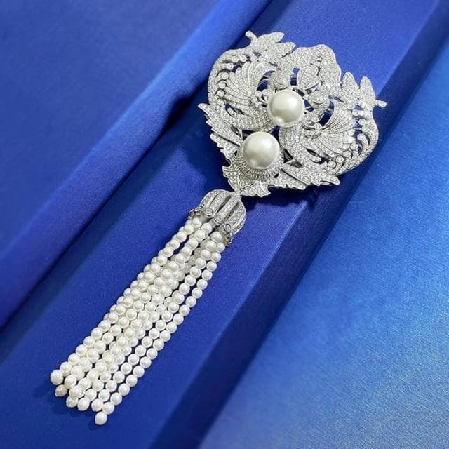 【米蘭精品】現貨+預購 珍珠胸針925純銀胸花12mm鳳凰涅槃流蘇女飾品聖誕節交換禮物74gh19