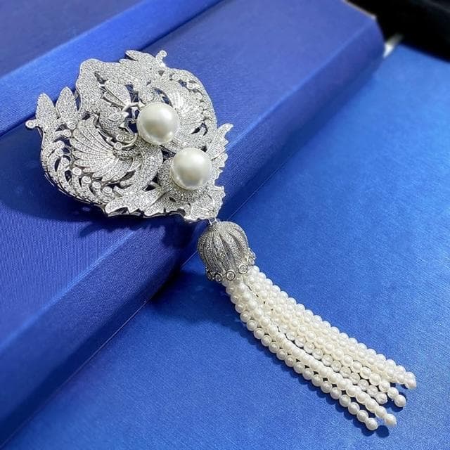 【米蘭精品】現貨+預購 珍珠胸針925純銀胸花12mm鳳凰涅槃流蘇女飾品聖誕節交換禮物74gh19