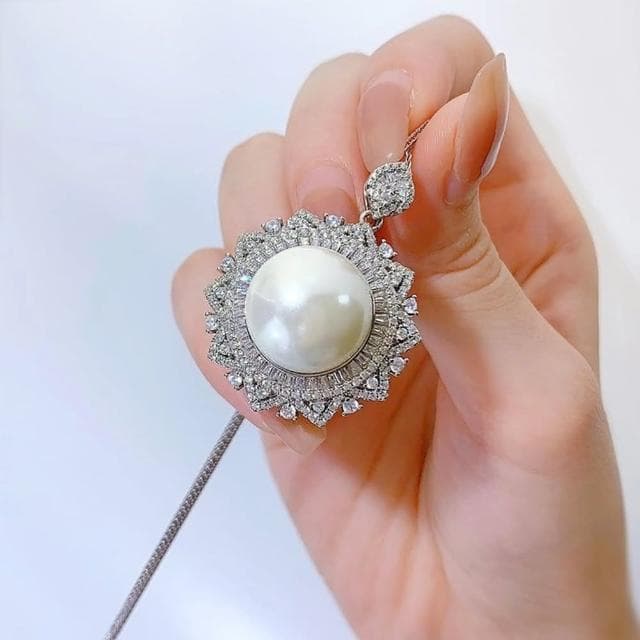【米蘭精品】現貨+預購 珍珠項鍊925純銀吊墜16mm8克拉鋯石太陽花女飾品聖誕節交換禮物74gh3