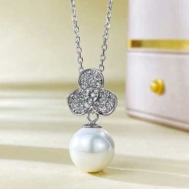 【米蘭精品】現貨+預購 珍珠項鍊925純銀吊墜11mm貝珠花形鑲鑽女飾品聖誕節交換禮物74gh25