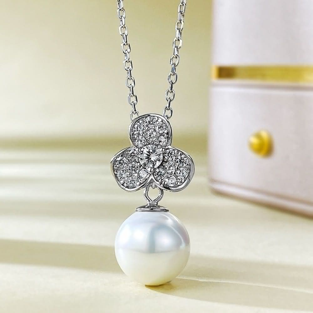 【米蘭精品】現貨+預購 珍珠項鍊925純銀吊墜11mm貝珠花形鑲鑽女飾品聖誕節交換禮物74gh25
