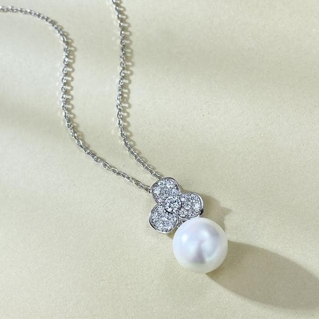 【米蘭精品】現貨+預購 珍珠項鍊925純銀吊墜11mm貝珠花形鑲鑽女飾品聖誕節交換禮物74gh25