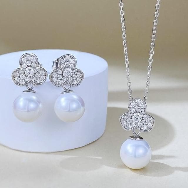 【米蘭精品】現貨+預購 珍珠項鍊925純銀吊墜11mm貝珠花形鑲鑽女飾品聖誕節交換禮物74gh25