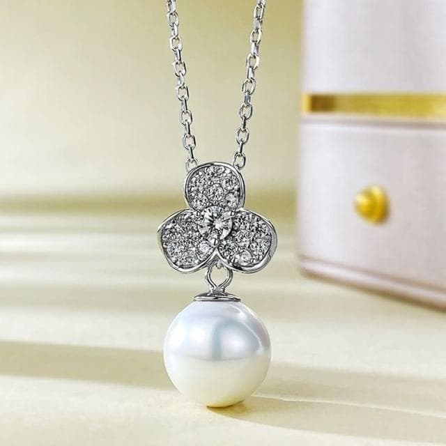【米蘭精品】現貨+預購 珍珠項鍊925純銀吊墜11mm貝珠花形鑲鑽女飾品聖誕節交換禮物74gh25