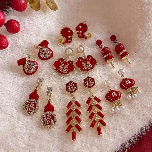 {遇見臻品}BG259新年喜慶福字紅燈籠珍珠耳環女中國風耳飾品好運福袋耳環民族風耳環新年紅色鑲鑽福字珍珠耳環造型耳環