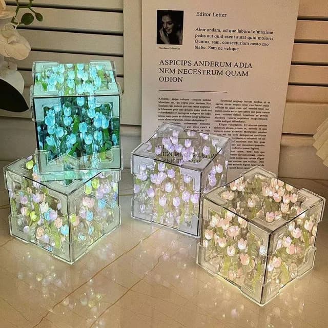 ZM DIY手作魔方鬱金香 情人節禮物 手作禮物 魔方鏡面小夜燈 生日禮物 畢業禮物 花海燈 ZM-00626