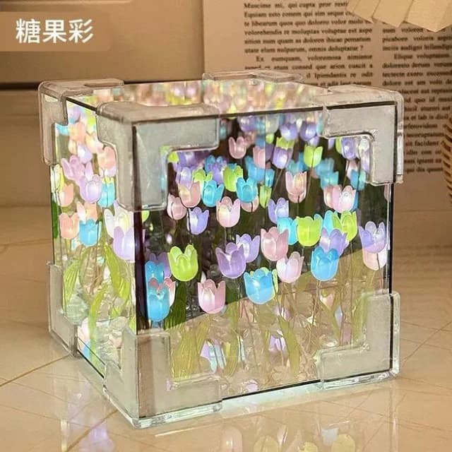 ZM DIY手作魔方鬱金香 情人節禮物 手作禮物 魔方鏡面小夜燈 生日禮物 畢業禮物 花海燈 ZM-00626