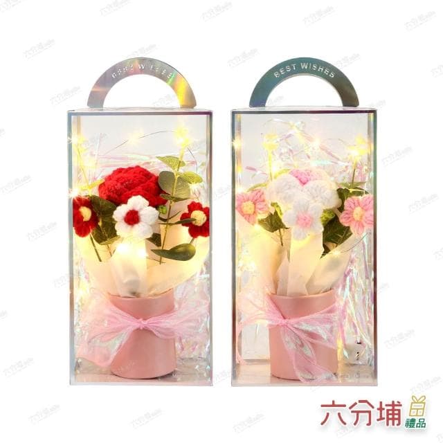 【六分埔禮品】織心玫瑰LED編織小花綠葉花盆-多色任選(擺飾母親節情人節畢業禮物編織針織玫瑰花束)