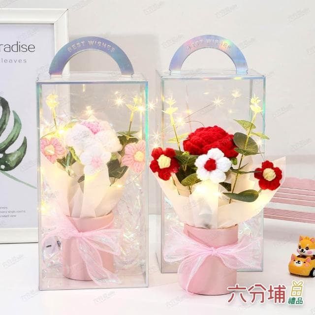 【六分埔禮品】織心玫瑰LED編織小花綠葉花盆-多色任選(擺飾母親節情人節畢業禮物編織針織玫瑰花束)