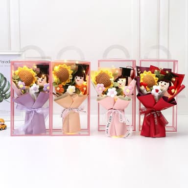 【六分埔禮品】織夢娃娃陽光花禮LED編織畢業花束-多色任選(擺飾畢業禮物畢業典禮太陽花向日葵針織盒裝)