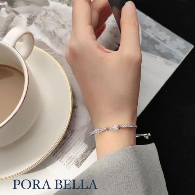 【Porabella】925純銀鋯石滿鑽蝴蝶結手鍊手環 甜美可愛 告白禮物 情人節禮物 送女友 銀飾 Bracelet