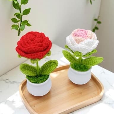 【六分埔禮品】手工編織-玫好時光玫瑰花盆栽(擺飾情人節母親節生日禮物紀念日毛線針織編織花)