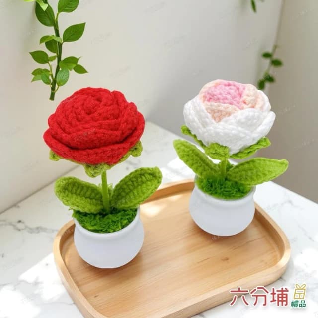 【六分埔禮品】手工編織-玫好時光玫瑰花盆栽(擺飾情人節母親節生日禮物紀念日毛線針織編織花)