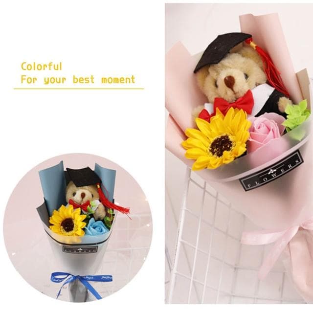 【Warm House Decor 暖和家居】向日葵小熊畢業花束 (香皂仿真花 幼兒園畢業花束 小熊花束 向日葵花束 畢業禮物 畢業花束 玫瑰花束)