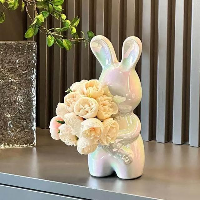 創意藝術手捧兔花瓶高級感插花瓶擺件客廳插花桌面裝飾品喬遷禮物