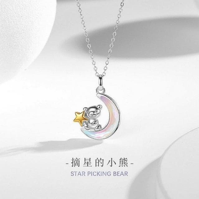 【巴黎精品】現貨+預購 925純銀項鍊琉璃吊墜摘星小熊月亮生日情人節禮物女飾品v1ar64