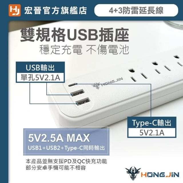 【HONG JIN】宏晉 全方位延長線 防雷電源延長線 4+3多孔延長線 過載保護 自動斷電 防雷保護 聖誕節交換禮物