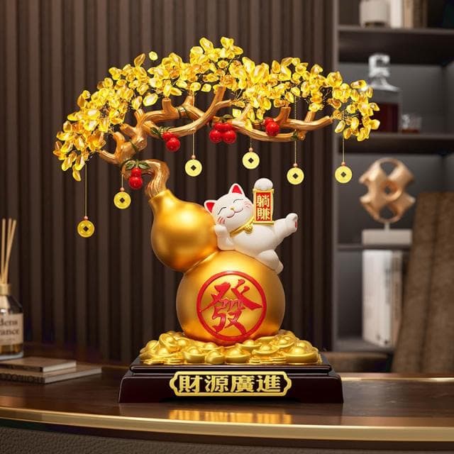 新款免運開光風水擺件 躺賺招財貓 發財樹 葫蘆擺件 客廳招財 中式客廳搬家禮物喬遷新居禮品