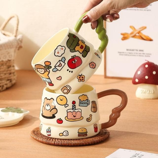 卡通塗鴉陶瓷杯高顏值動物馬克杯帶蓋女生生日禮物情侶水杯送閨蜜