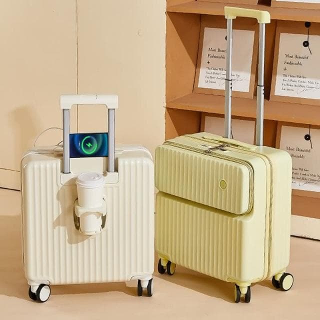 🔥高雄現貨🔥24H寄出🔥18吋登機行李箱 拉桿箱 萬向靜音輪 前開口旅行箱 大容量箱子 可登機 折疊式杯架 多色可選