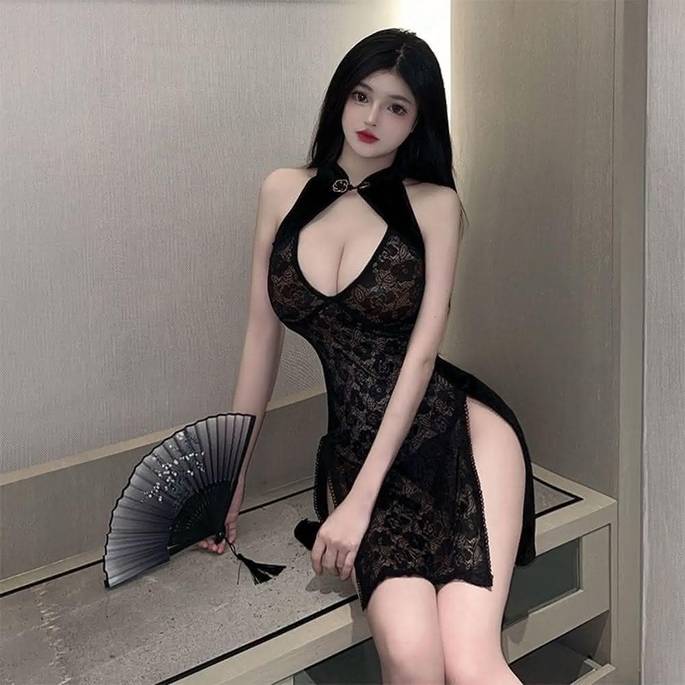 【Enjoy Love】交換禮物｜典雅絲絨後交叉裸背復古蕾絲仿旗袍睡衣｜角色扮演服 Cosplay 中式旗袍