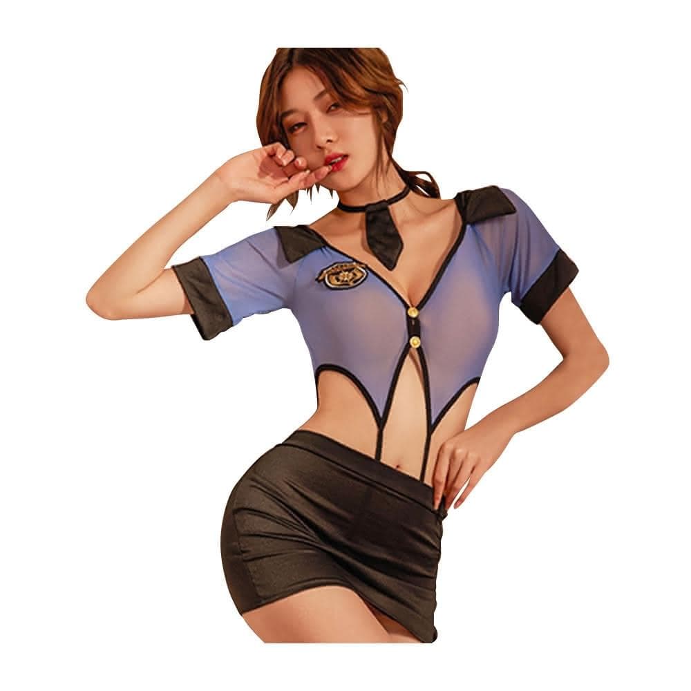 【Enjoy Love】交換禮物｜警察角色扮演服 V領雙釦露腰開襠連身包臀裙套裝｜角色扮演服 Cosplay 女警服